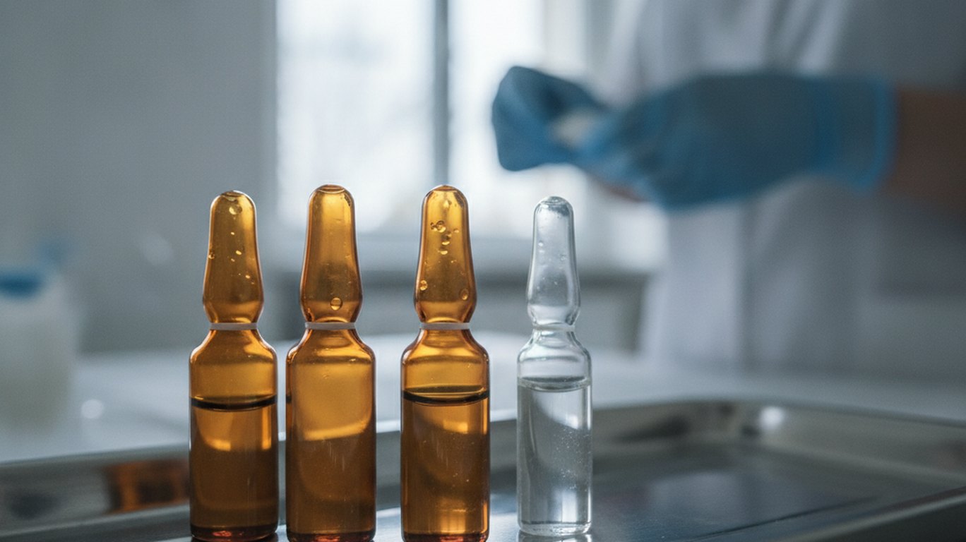 Glass ampoules of injectable morphine on a hospital tray