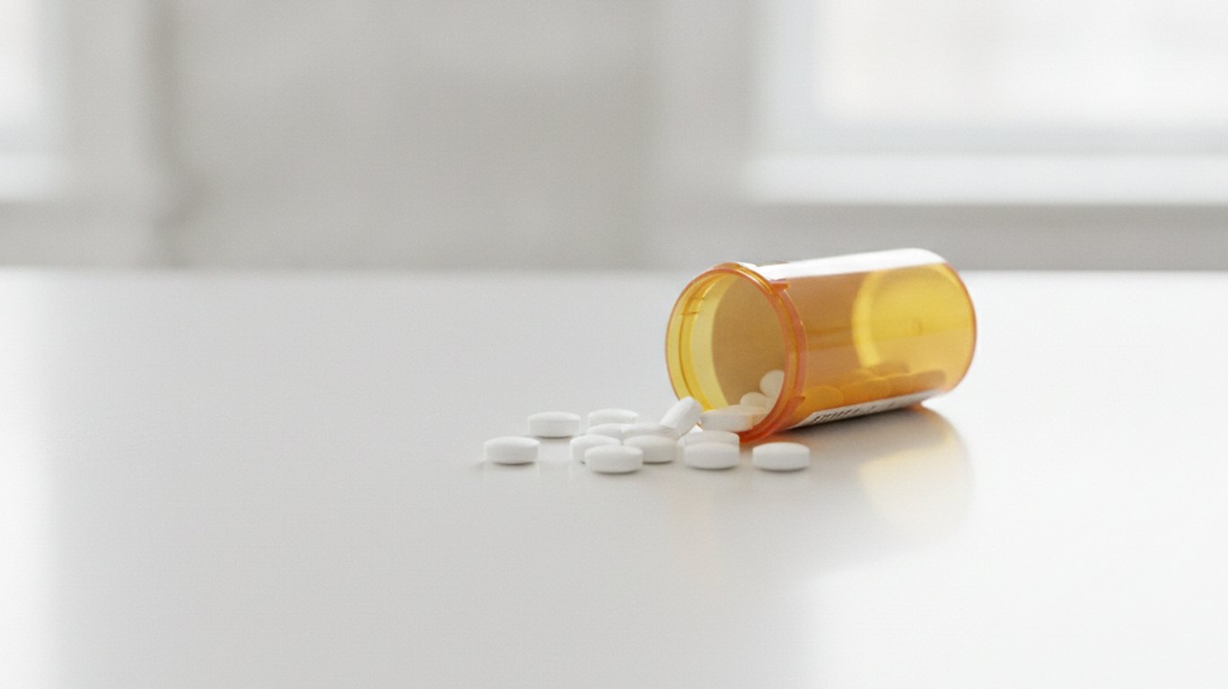An open prescription bottle with tablets spilled beside it