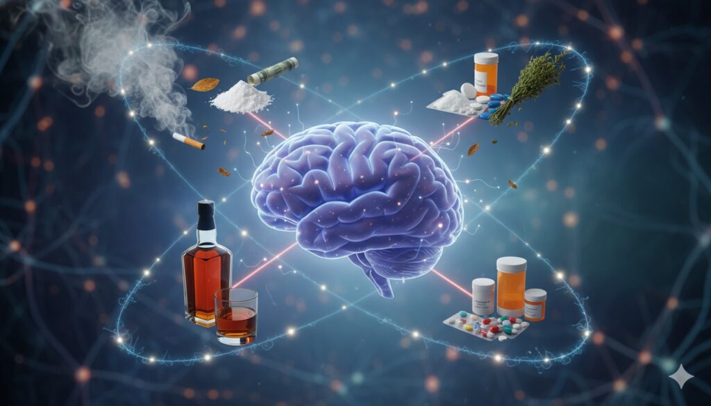 How long does it take to rewire brain from addiction? A brain surrounded by different drug and alcohol substances.